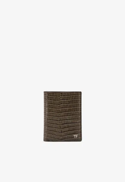 Tom Ford Tf Croc-embossed Leather Bi-fold Wallet In Brown