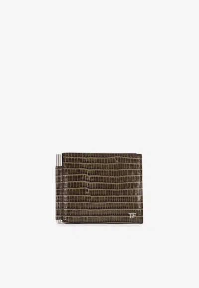 Tom Ford Tf Croc-embossed Leather Bi-fold Wallet With Money Clip In Brown