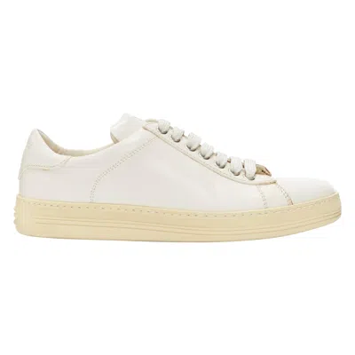Pre-owned Tom Ford Tf Logo Cream Stiff Leather Minimal Classic Lace Up Sneakers Eu36 In White