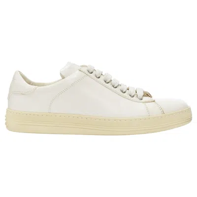 Pre-owned Tom Ford Tf Logo Cream Stiff Leather Minimal Classic Lace Up Sneakers Eu36 In White