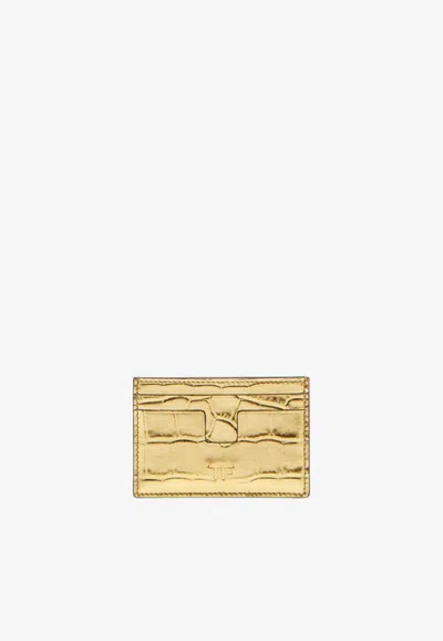 Tom Ford Metallic Croc-embossed Card Case In Gold