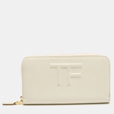 Pre-owned Tom Ford Tf Off White Leather Zip Around