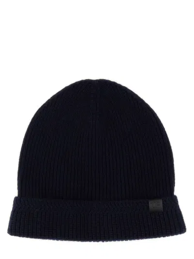 Tom Ford Tf Patch Ribbed Beanie In Blue