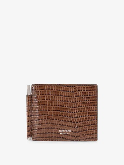Tom Ford T-line Money Clip Leather Wallet In Brown