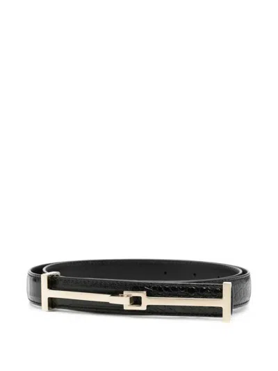 Tom Ford T-logo Belt With Crocodile Effect In Black