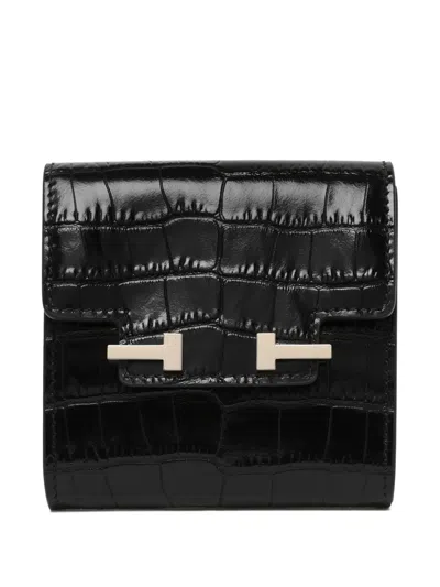 Tom Ford T-logo Croc-effect Leather Wallet In Black