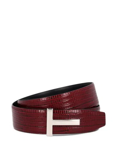 Tom Ford T-logo Lizard-effect Belt In Red