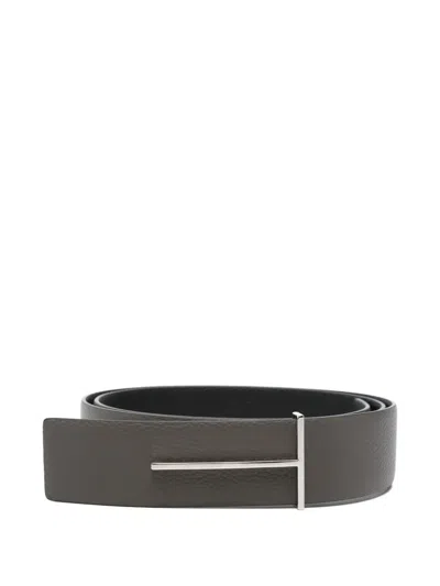 Tom Ford T-logo Pebbled Leather Belt In Gray