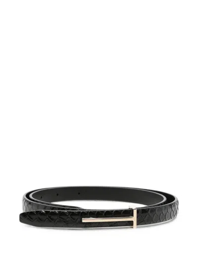 Tom Ford Thin T Belt In Glossy Leather With Crocodile Print In Black