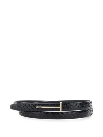 Tom Ford T-logo Snakeskin-effect Belt In Black