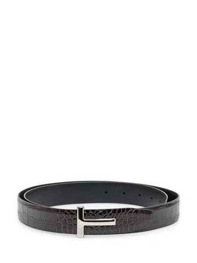 Tom Ford Brown Leather Belt With Logo Buckle