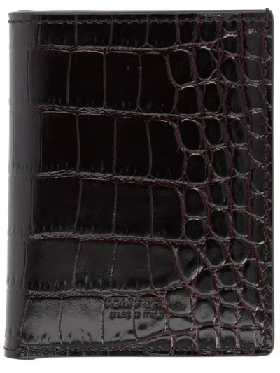 Tom Ford Croc Leather Cardholder In Burgundy