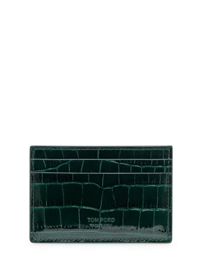 Tom Ford Leather Card Holder With Crocodile Effect In Green