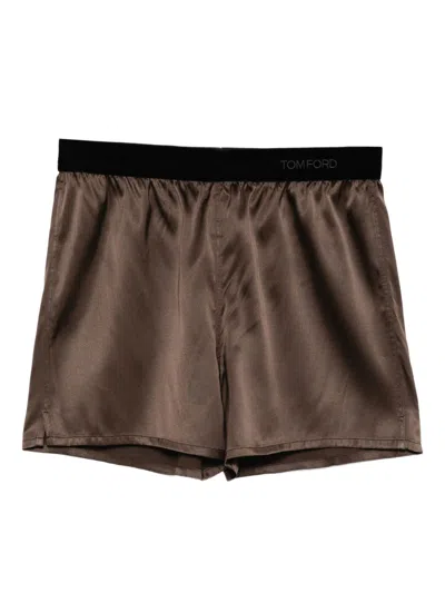 Tom Ford Stretch Silk Satin Pj Shorts In Brown