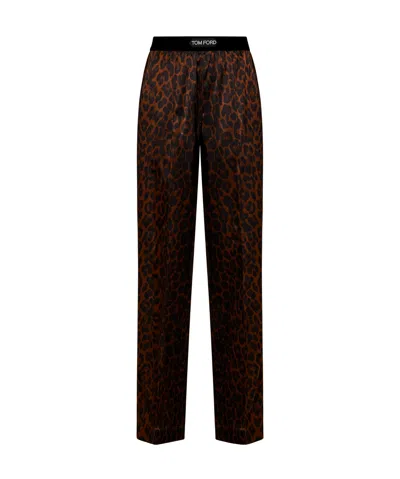 Tom Ford Tomford Trs Trck Pnts Elstc Logo Slk Leopard Prnt Satin In Black