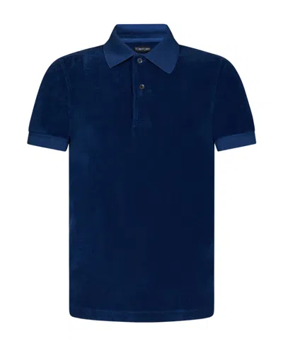 Tom Ford Navy Towelling Short Sleeve Polo In Blue
