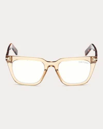 Tom Ford Transparent Beige Ft5963 Square Blue Light Glasses In Beige/blonde Havana/t Logo