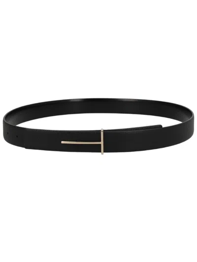 Tom Ford T-shaped Buckle Narrow Calf Leather Belt In Black