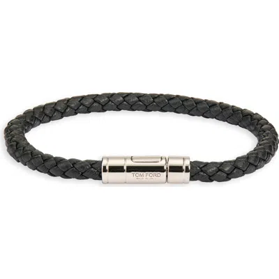 Tom Ford Tubular Clasp Braided Leather Bracelet In Black