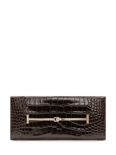 Tom Ford Tumbled Printed Crocodile-leather Arc Clutch In Brown