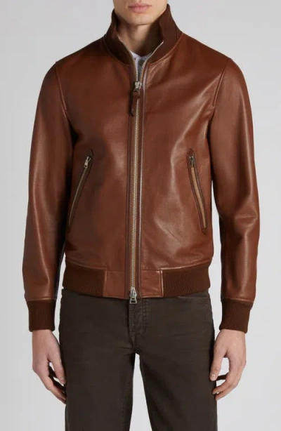 Tom Ford Tumbled Leather Track Bomber Jacket In Kb292 Tan