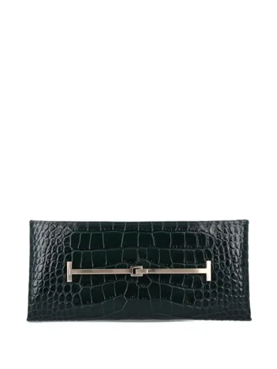 Tom Ford Tumbled Printed Crocodile Leather Arc Clutch In Green