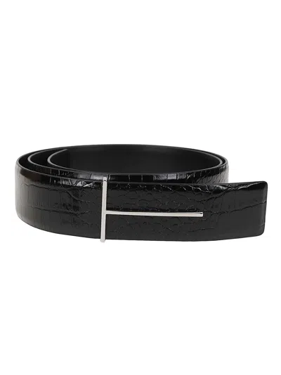 Tom Ford Tumbled Soft Printed Croc Reversible Slim T Belt In Black