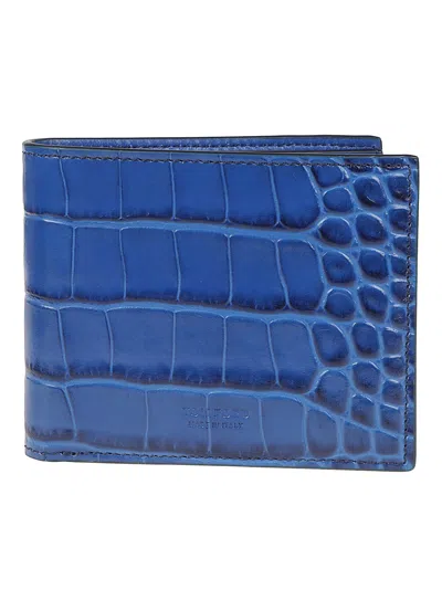 Tom Ford Tumbled Soft Printed Croc T Line Classic Bi-fold Wallet In Blue