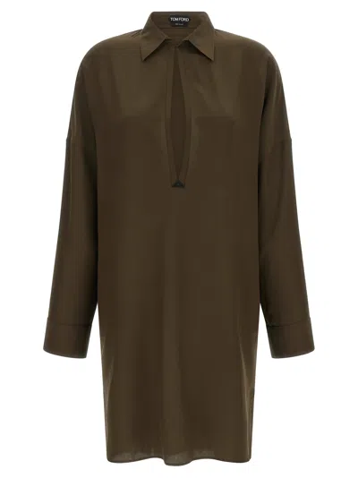 Tom Ford Long Sleeve Tunic Dress Keyhole Detail In Brown