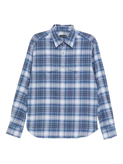 Tom Ford Twill Check Shirt In Blue