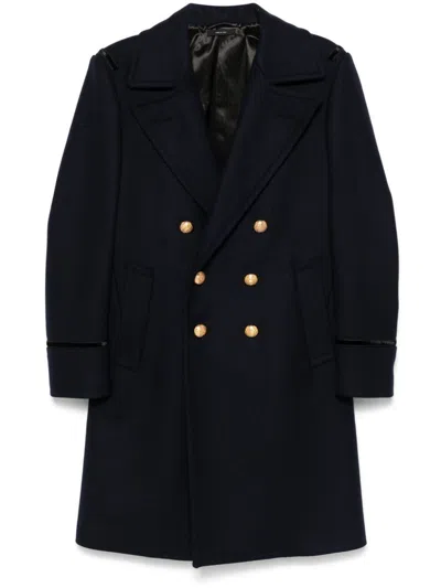 Tom Ford Twill Felt Double Breasted Coat In Blue