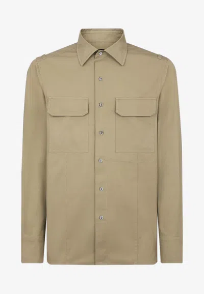 Tom Ford Twill Long-sleeved Military Shirt In Brown