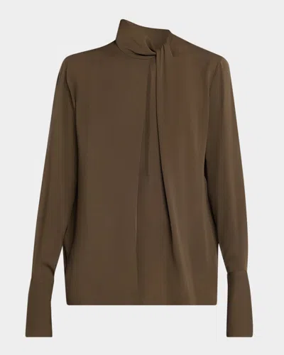 Tom Ford Twisted-neck Silk Long-sleeve Shirt In Brown