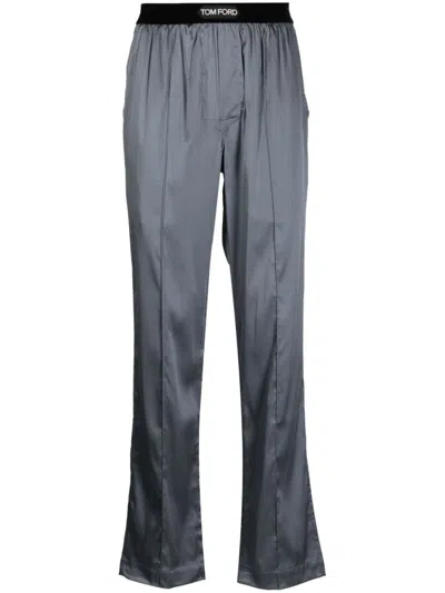 Tom Ford Logo-waistband Satin-finish Trousers In Gray