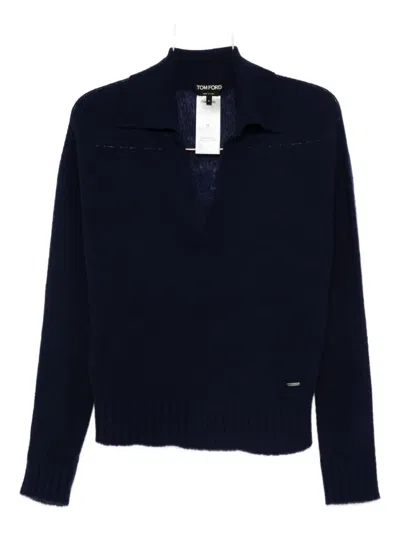 Tom Ford V-neck Cashmere-silk Blend Sweater In Blue