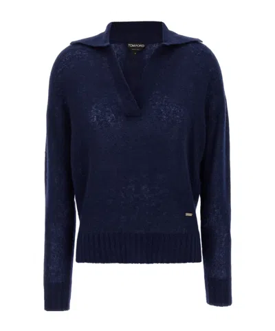 Tom Ford V Neck Long Sleeve Ribbed Hem Polo In Blue