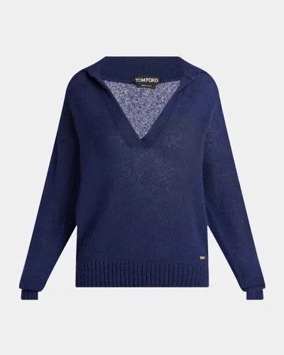 Tom Ford V-neck Cashmere-silk Oversized Polo Sweater In Blue