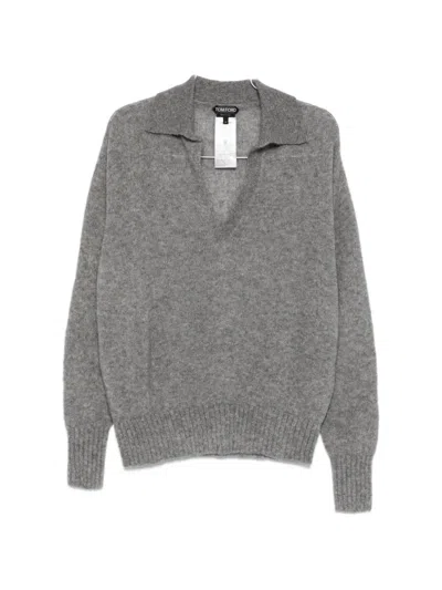 Tom Ford V-neck Collared Sweater In Gray