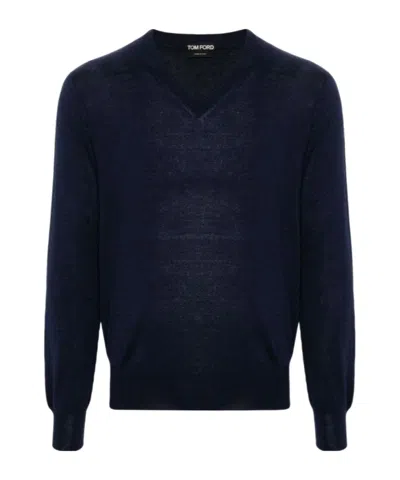 Tom Ford V-neck Fine-knit Jumper In Blue
