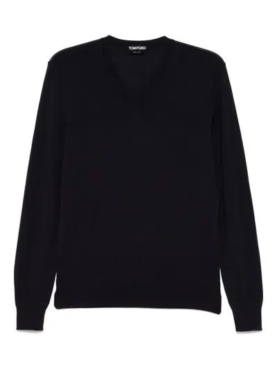 Tom Ford V-neck Knitted T-shirt In Blue