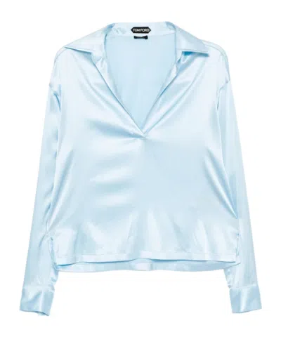 Tom Ford V-neck Long Sleeve Top In Blue