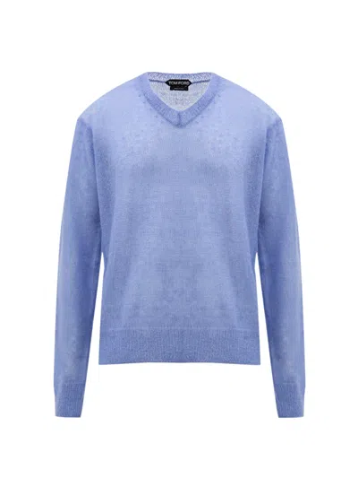 Tom Ford V-neck Sweater In Mohair  In Blue