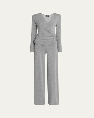 Tom Ford V-neck Wrap Wide-leg Jumpsuit In Gray