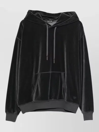 Tom Ford Velour Hooded Sweatshirt Kangaroo Pocket In Black
