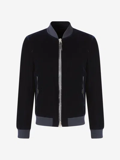 Tom Ford Full-grain Leather-trimmed Velvet Bomber Jacket In Blue