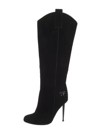 Pre-owned Tom Ford Velvet Crystal Embellishments Western Boots In Black