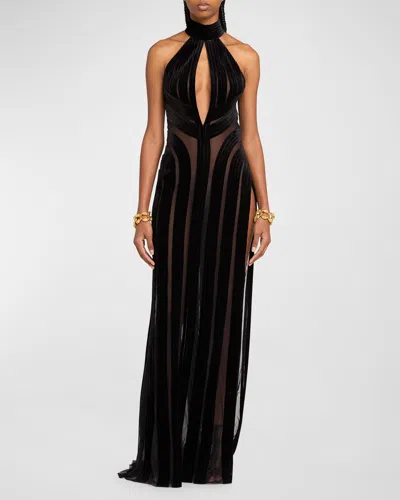 Tom Ford Stretch Tulle And Velvet Halterneck Evening Dress In Black