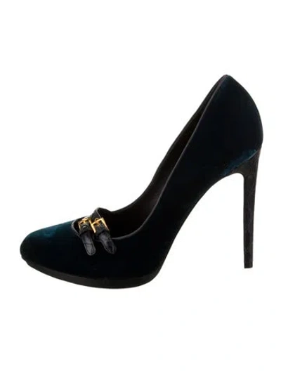Pre-owned Tom Ford Velvet Leather Trim Embellishment Pumps In Blue