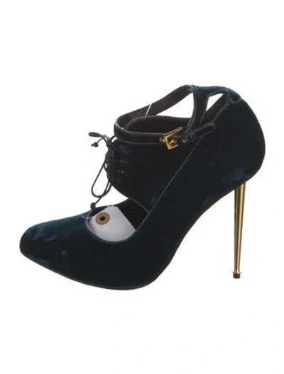 Pre-owned Tom Ford Velvet Leather Trim Embellishment T-strap Pumps In Blue