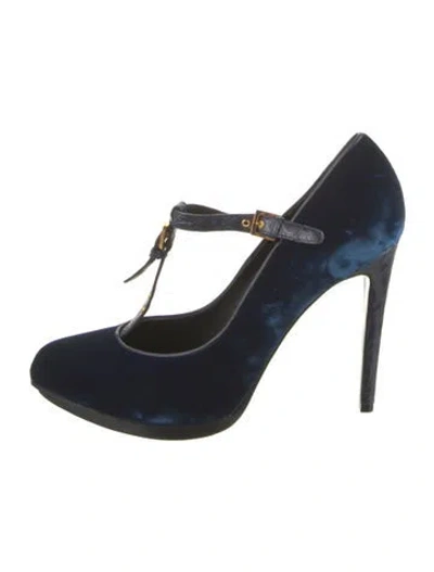 Pre-owned Tom Ford Velvet Leather Trim Embellishment T-strap Pumps In Blue